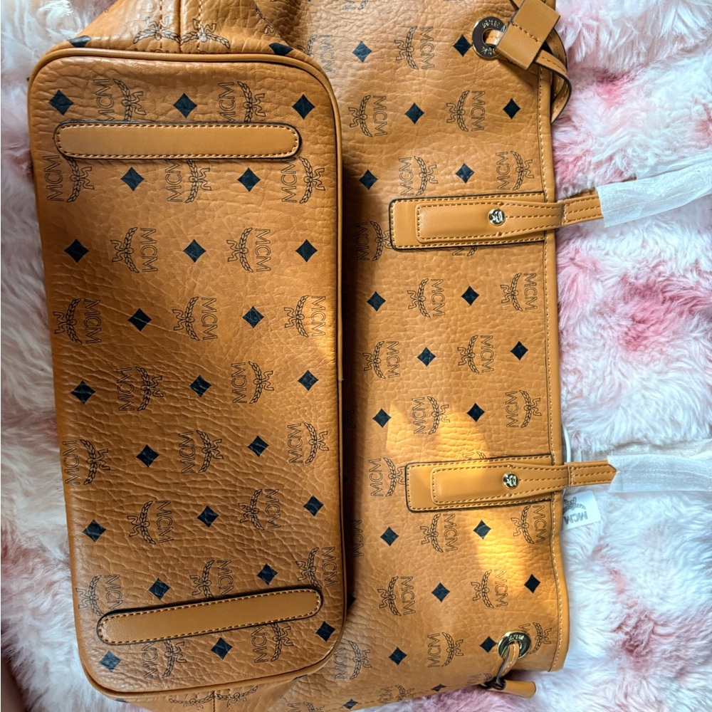MCM Tan Logo Tote and Pouch Set